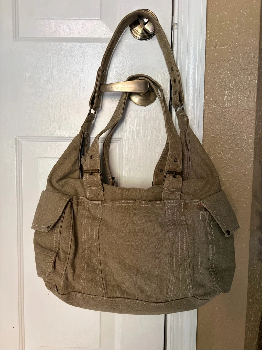 Khaki Canvas Utility Tote Bag | Multi Pocket Shoulder Bag